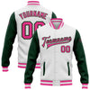 Custom White Pink-Green Bomber Full-Snap Varsity Letterman Two Tone Jacket