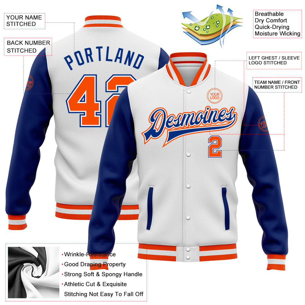 Custom White Orange-Royal Bomber Full-Snap Varsity Letterman Two Tone Jacket