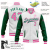 Custom White Pink-Kelly Green Bomber Full-Snap Varsity Letterman Two Tone Jacket