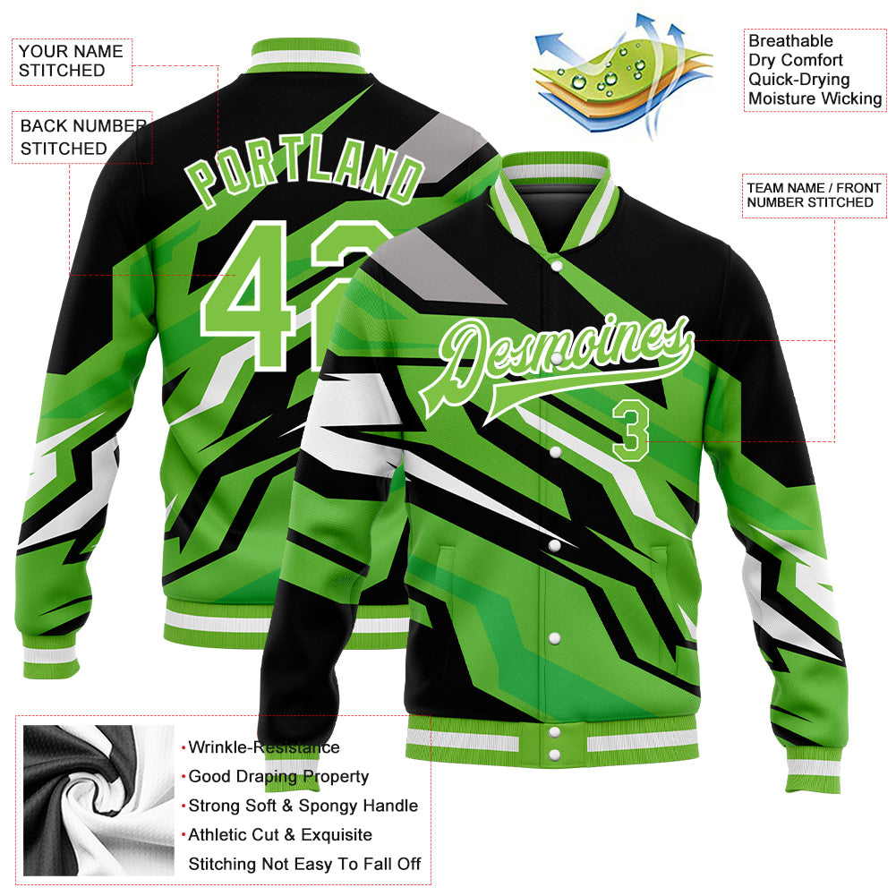 Custom Neon Green Neon Green Black-Gray 3D Pattern Design Bomber Full-Snap Varsity Letterman Jacket