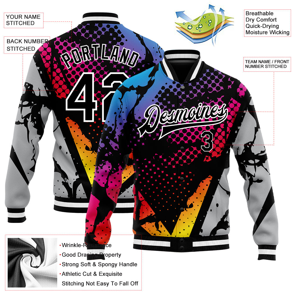Custom Figure Black-Gray 3D Pattern Design Bomber Full-Snap Varsity Letterman Jacket