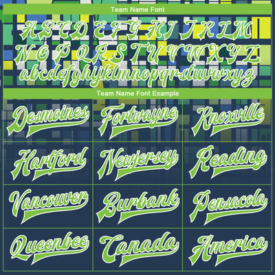 Custom Navy Neon Green-White 3D Pattern Design Bomber Full-Snap Varsity Letterman Jacket