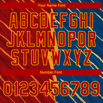 Custom Navy Red-Gold 3D Pattern Design Bomber Full-Snap Varsity Letterman Jacket