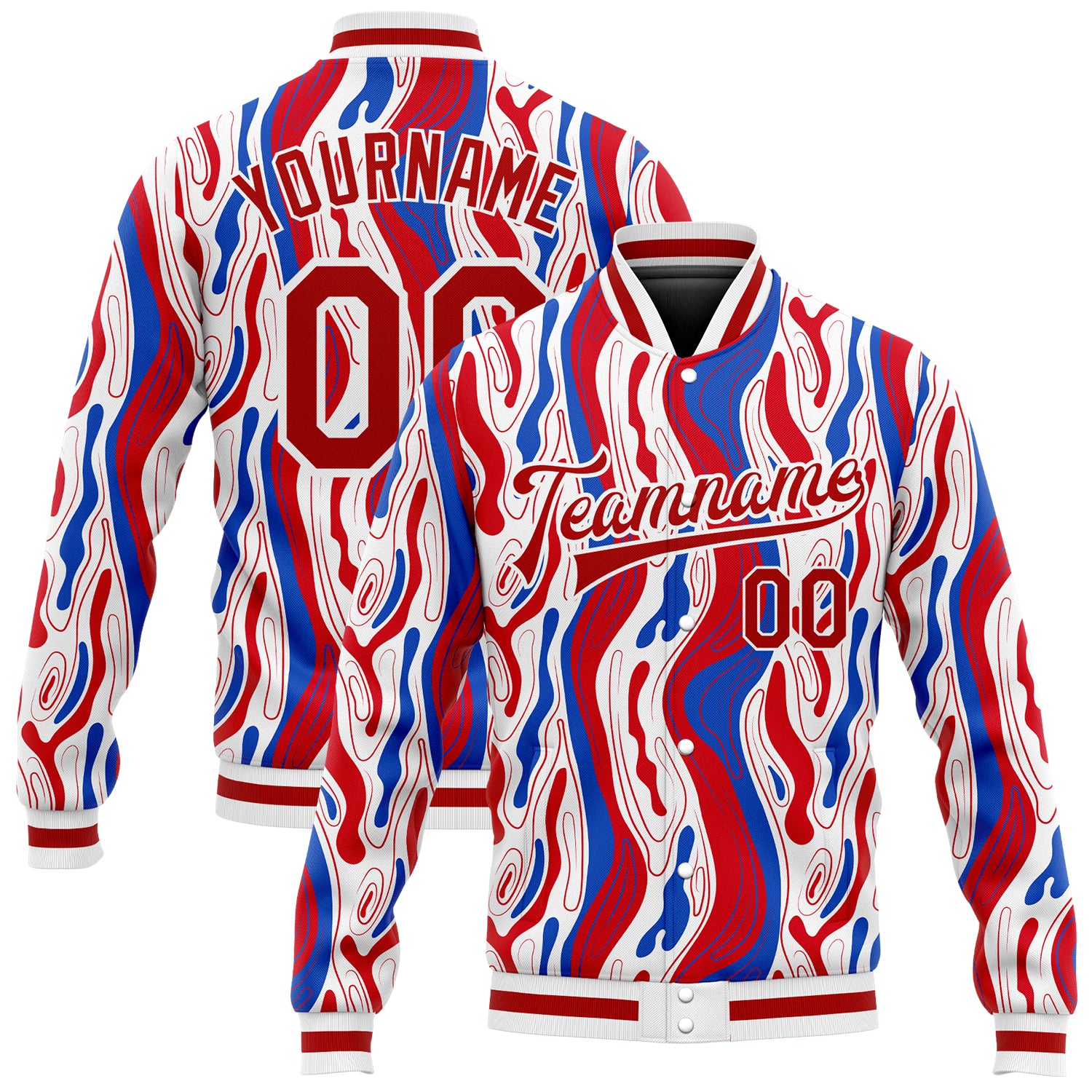 Custom Figure Red-Royal 3D Pattern Design Bomber Full-Snap Varsity Letterman Jacket