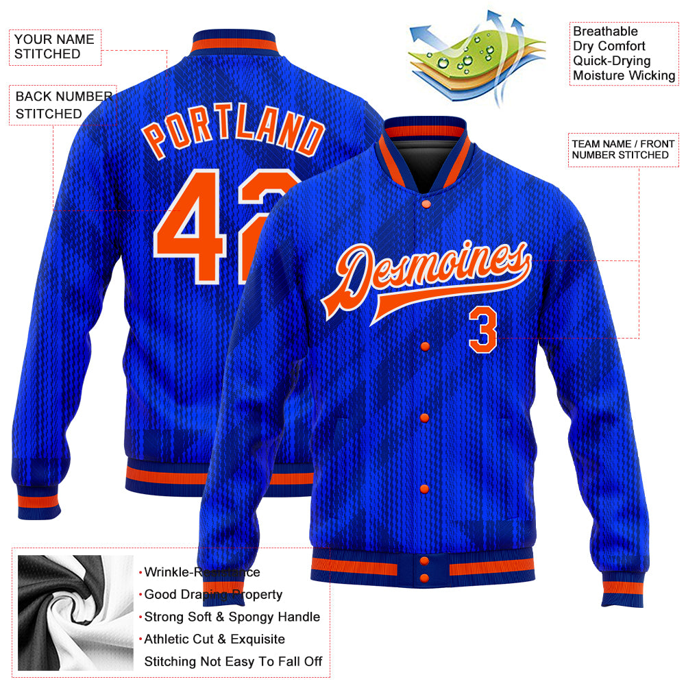 Custom Royal Orange-Navy 3D Pattern Design Bomber Full-Snap Varsity Letterman Jacket
