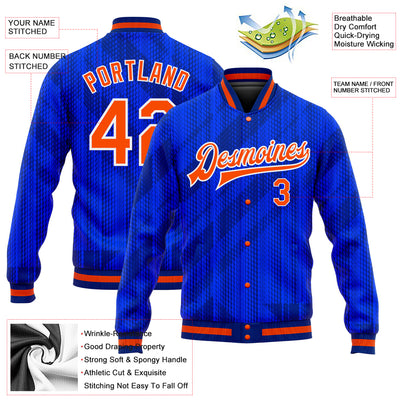 Custom Royal Orange-Navy 3D Pattern Design Bomber Full-Snap Varsity Letterman Jacket