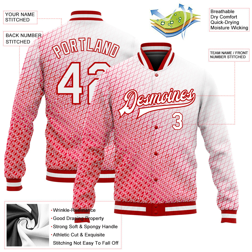 Custom Red White 3D Pattern Design Bomber Full-Snap Varsity Letterman Jacket