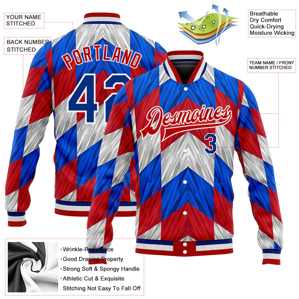 Custom Red Royal-White 3D Pattern Design Bomber Full-Snap Varsity Letterman Jacket