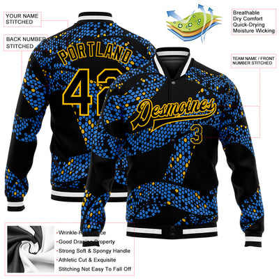 Custom Royal Black-Gold 3D Pattern Design Bomber Full-Snap Varsity Letterman Jacket
