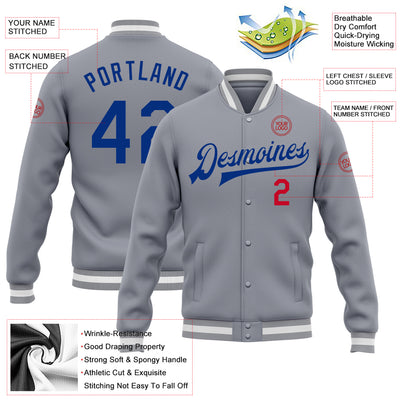 Custom Gray Royal-Red Bomber Full-Snap Varsity Letterman Jacket