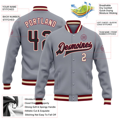 Custom Gray Black Maroon-Cream Bomber Full-Snap Varsity Letterman Jacket