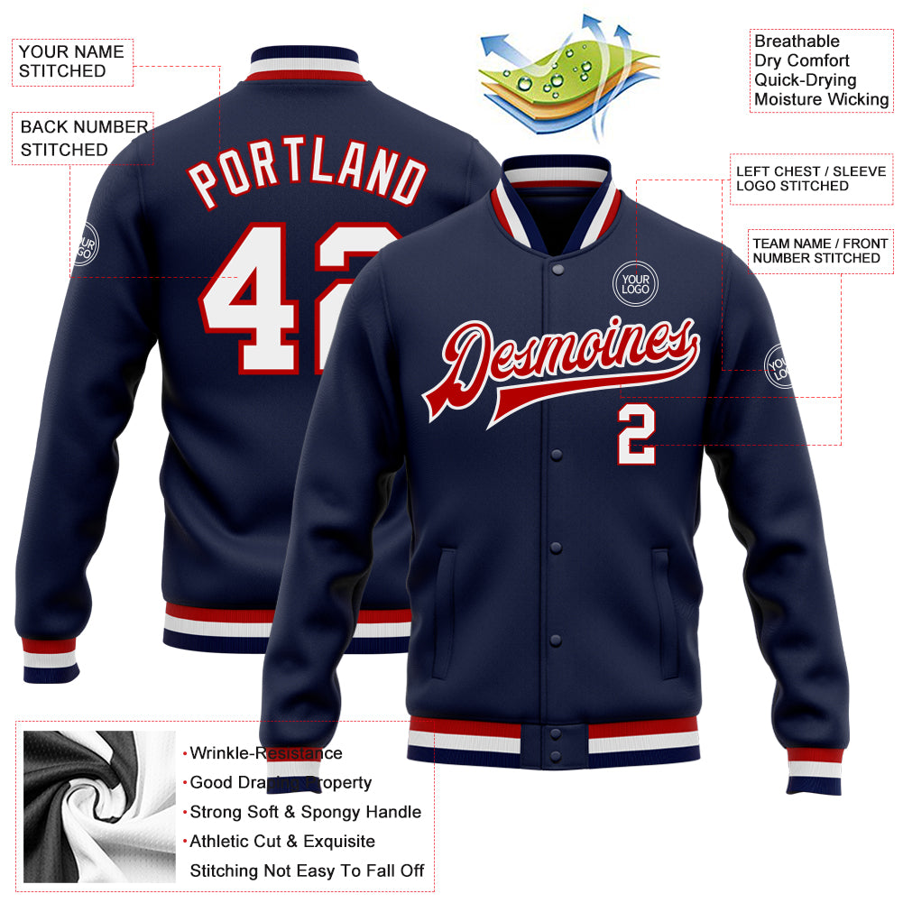 Custom Navy White-Red Bomber Full-Snap Varsity Letterman Jacket
