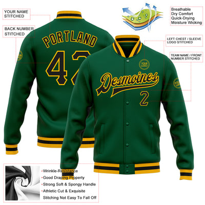 Custom Kelly Green Black-Gold Bomber Full-Snap Varsity Letterman Jacket