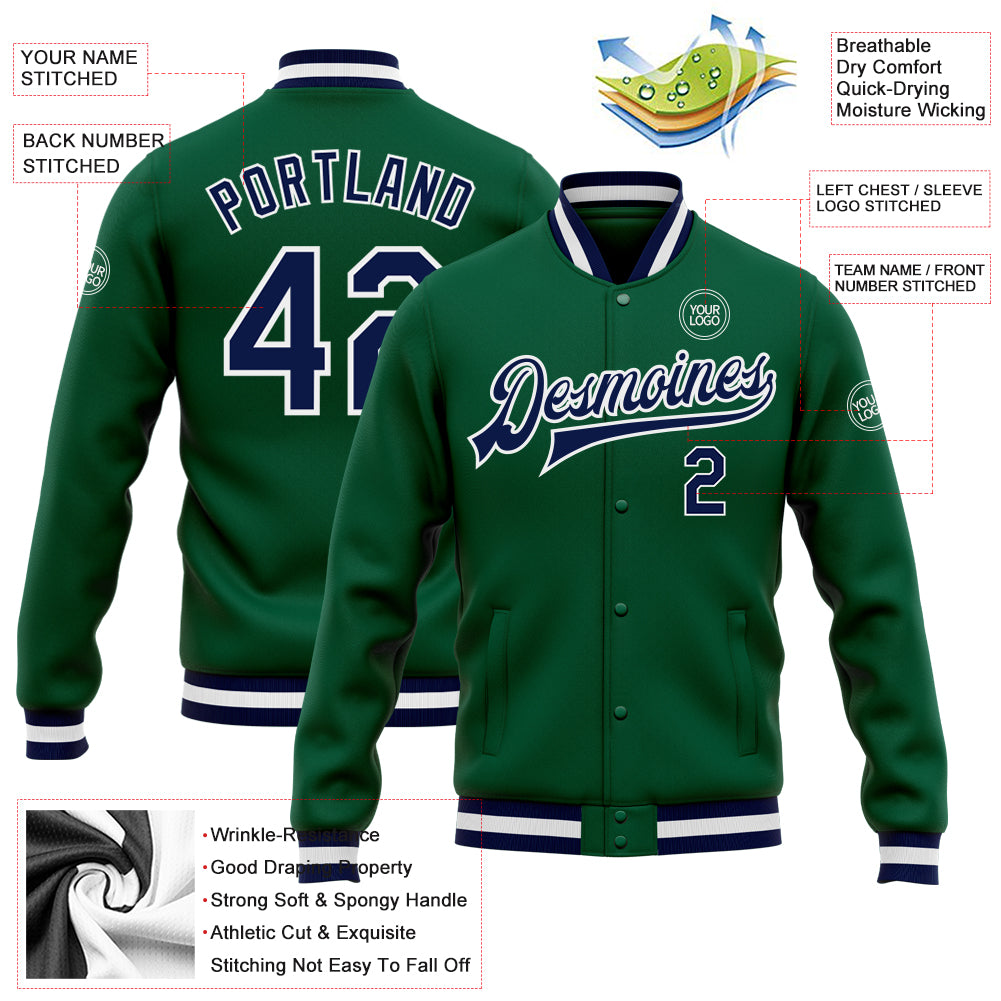 Custom Kelly Green Navy-White Bomber Full-Snap Varsity Letterman Jacket