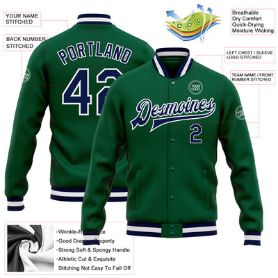 Custom Kelly Green Navy-White Bomber Full-Snap Varsity Letterman Jacket