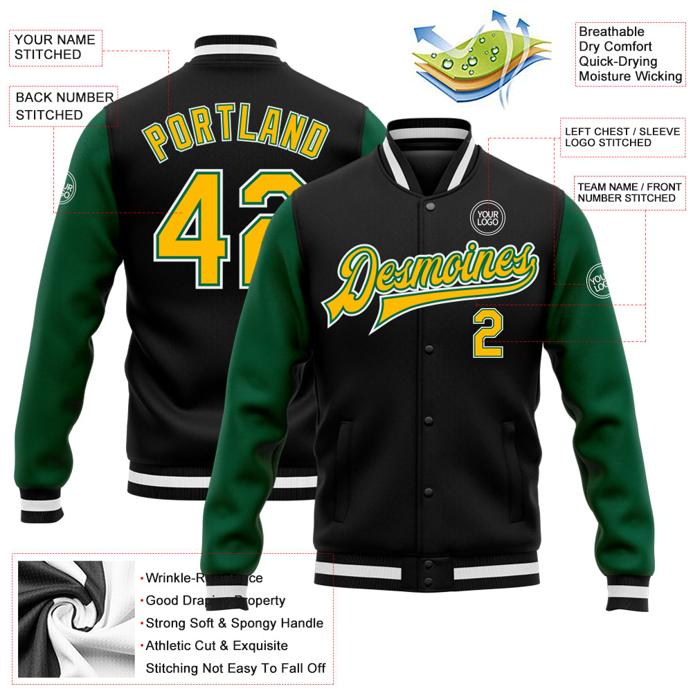 Custom Black Gold-Kelly Green Bomber Full-Snap Varsity Letterman Two Tone Jacket