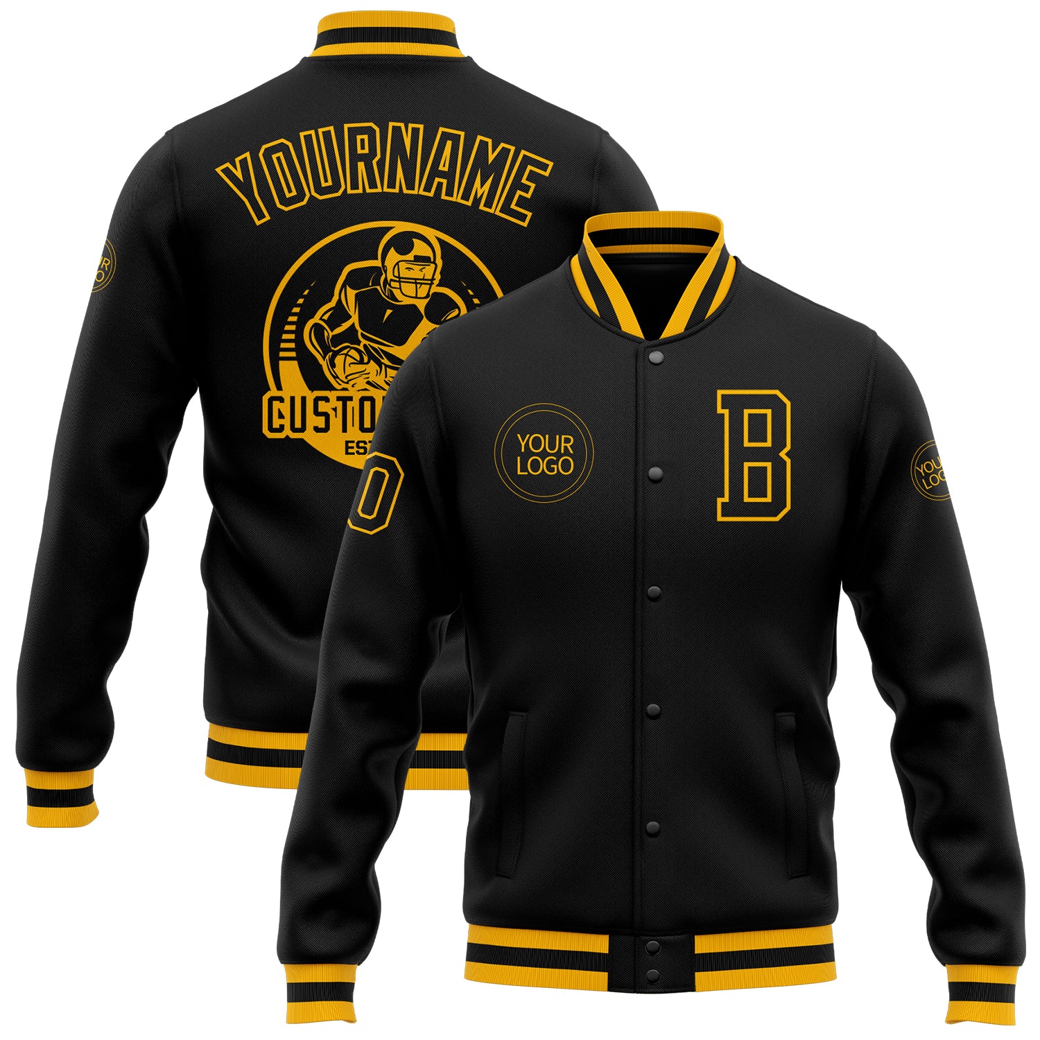 Custom Black Varsity Letterman Jacket-Gold Bomber Full-Snap - FansIdea