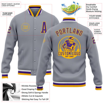 Custom Gray Purple-Gold Bomber Full-Snap Varsity Letterman Jacket