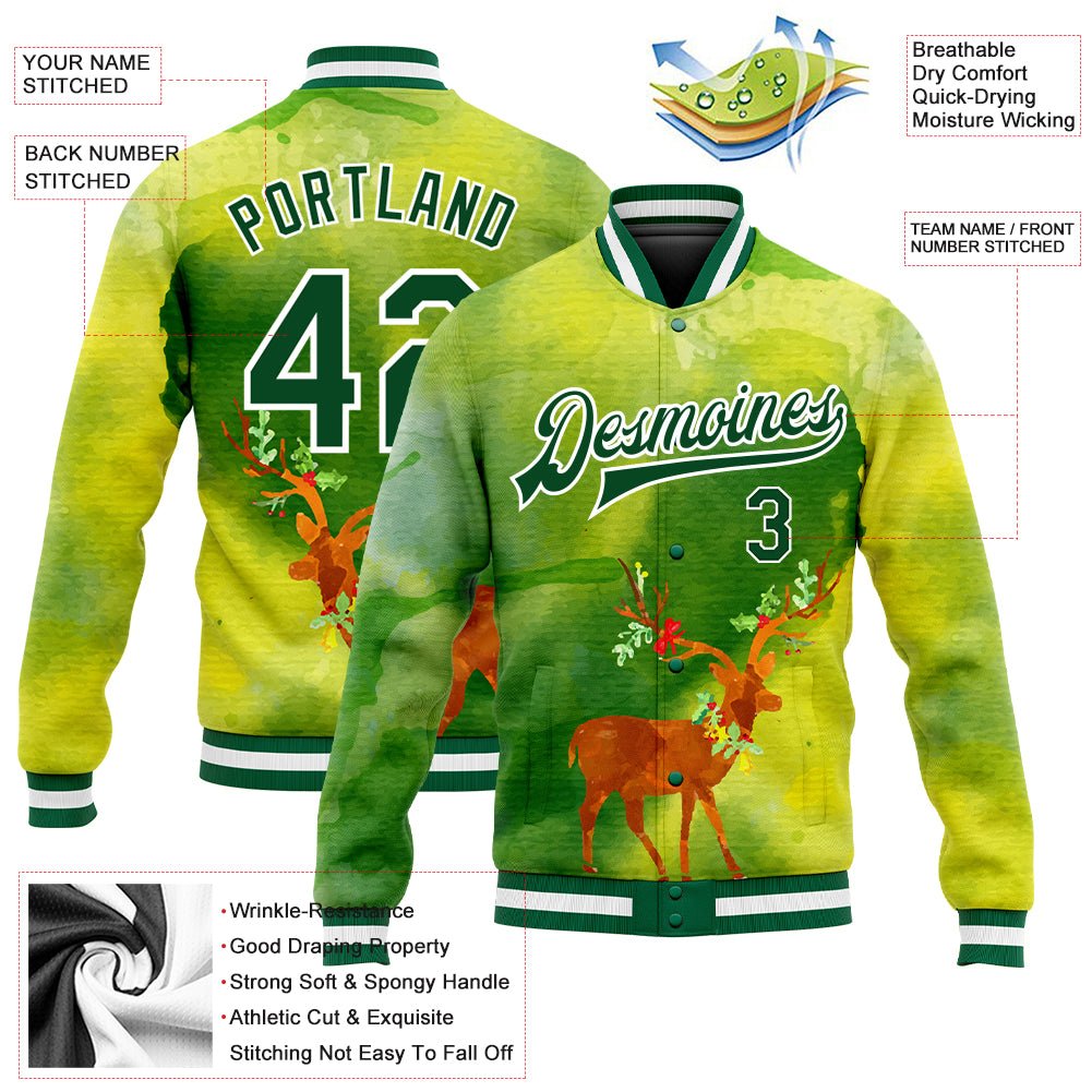 Custom Neon Green Kelly Green-Gold Christmas 3D Bomber Full-Snap Varsity Letterman Jacket