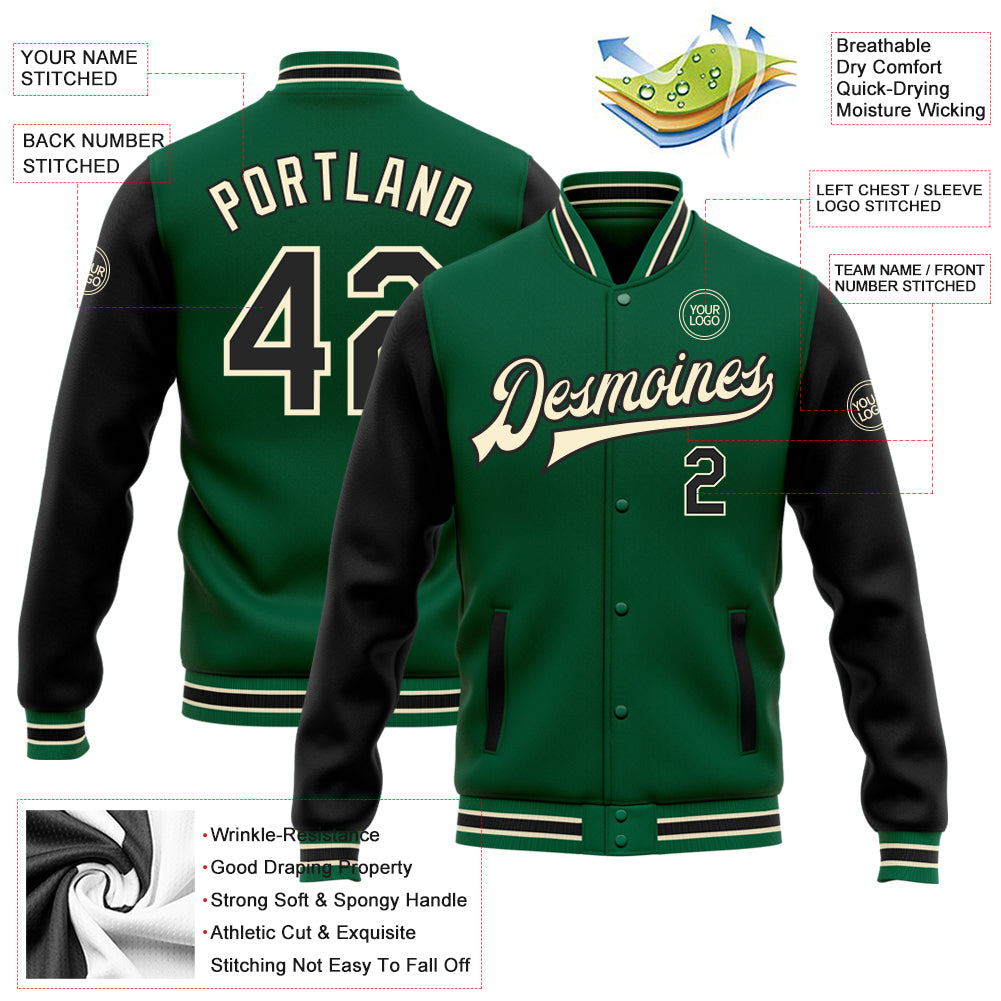 Custom Kelly Green Black-Cream Bomber Full-Snap Varsity Letterman Two Tone Jacket