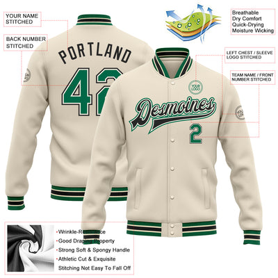 Custom Cream Kelly Green-Black Bomber Full-Snap Varsity Letterman Jacket