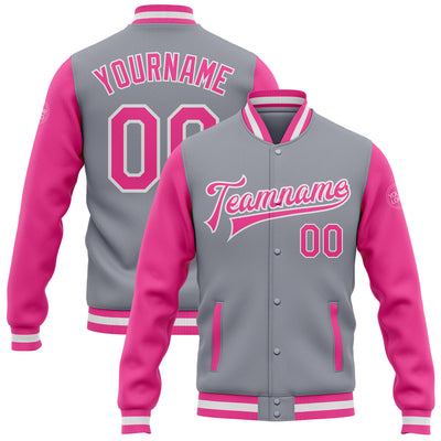 Custom Gray Pink-White Bomber Full-Snap Varsity Letterman Two Tone Jacket