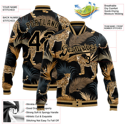 Custom Black Black-Old Gold Tropical Leopard With Palms 3D Pattern Design Bomber Full-Snap Varsity Letterman Jacket