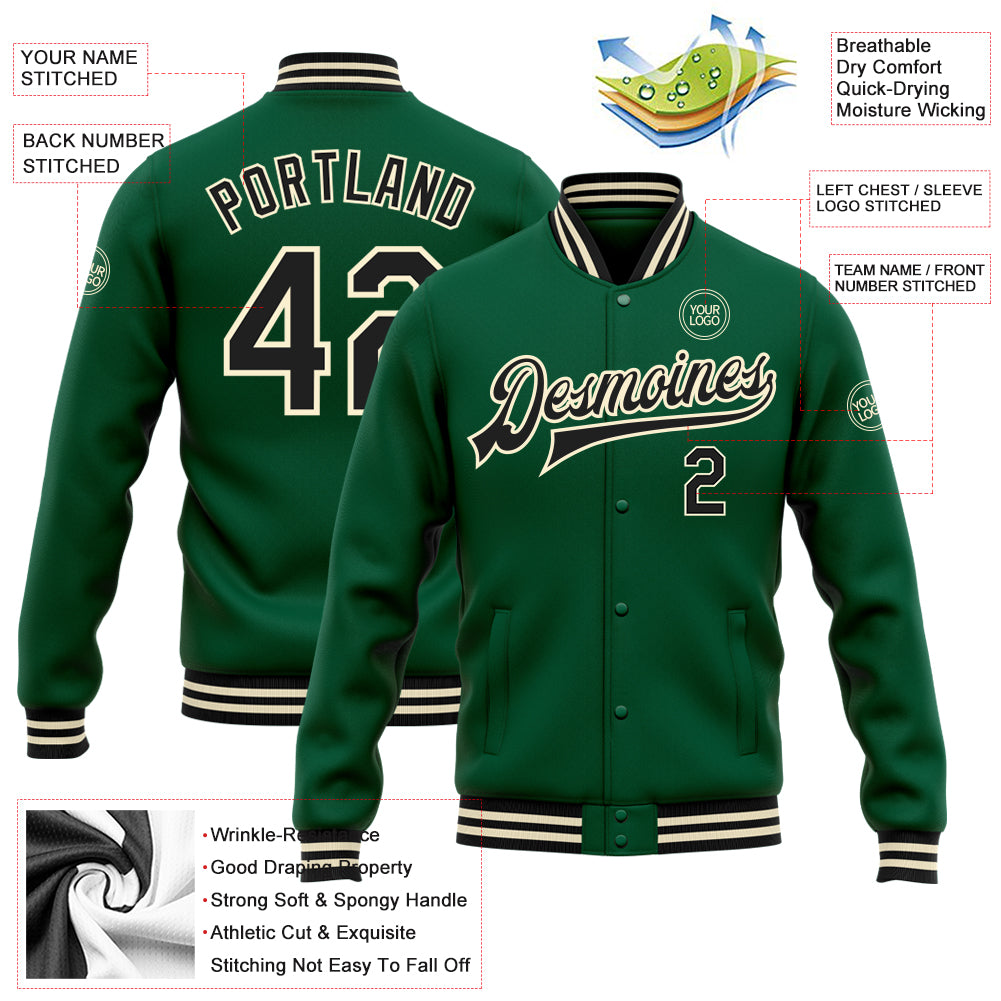 Custom Kelly Green Black-Cream Bomber Full-Snap Varsity Letterman Jacket