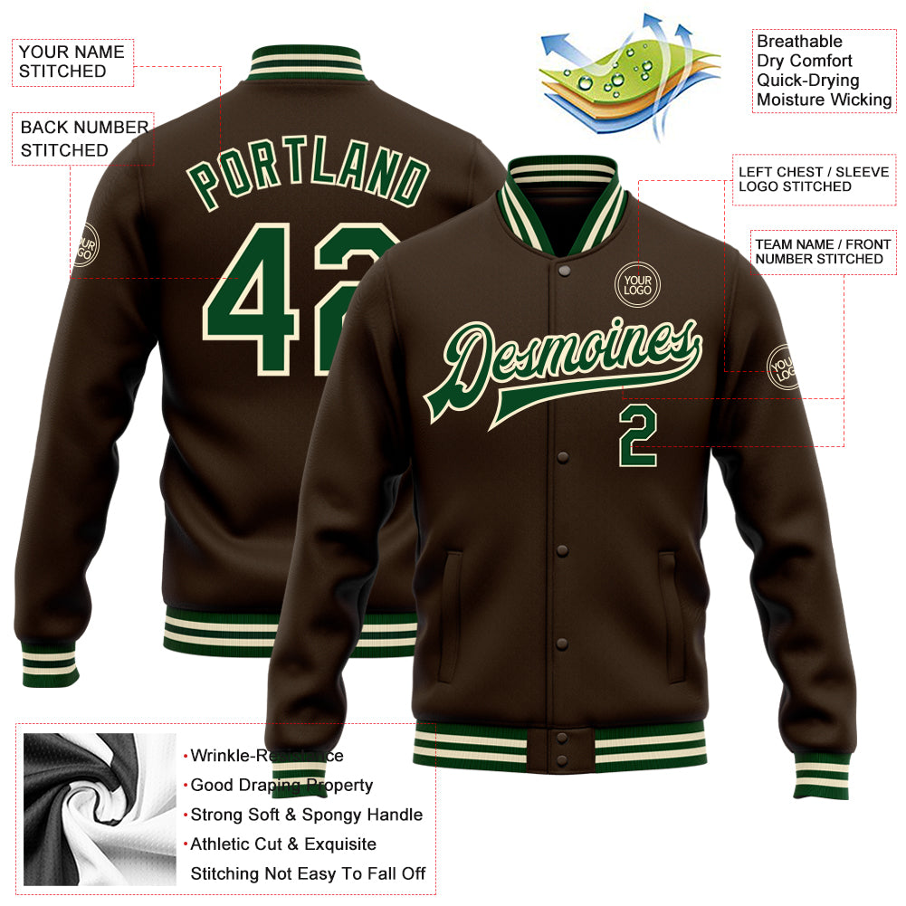 Custom Brown Green-Cream Bomber Full-Snap Varsity Letterman Jacket
