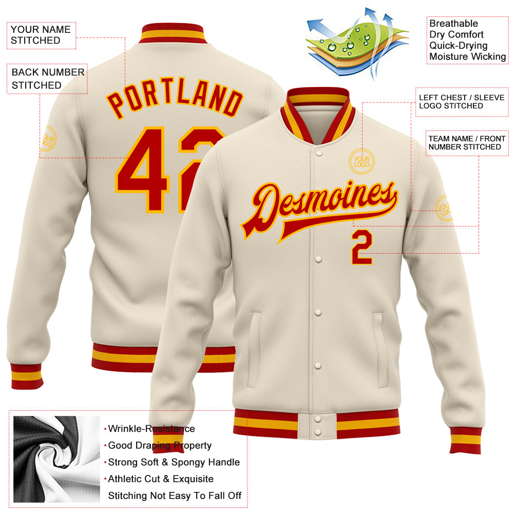 Custom Cream Red-Gold Bomber Full-Snap Varsity Letterman Jacket