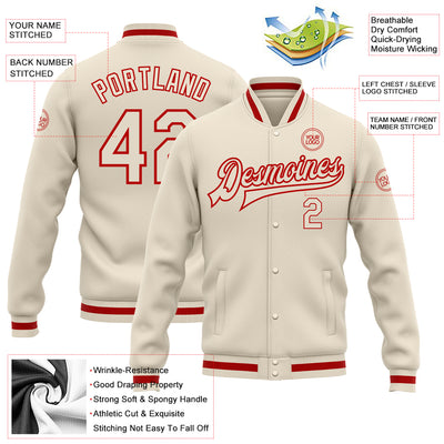 Custom Cream Cream-Red Bomber Full-Snap Varsity Letterman Jacket