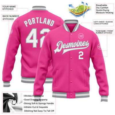 Custom Pink White-Gray Bomber Full-Snap Varsity Letterman Jacket