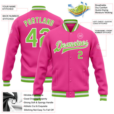 Custom Pink Neon Green-White Bomber Full-Snap Varsity Letterman Jacket