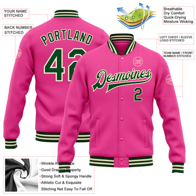 Custom Pink Green-Cream Bomber Full-Snap Varsity Letterman Jacket