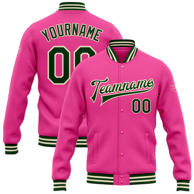 Custom Pink Green-Cream Bomber Full-Snap Varsity Letterman Jacket