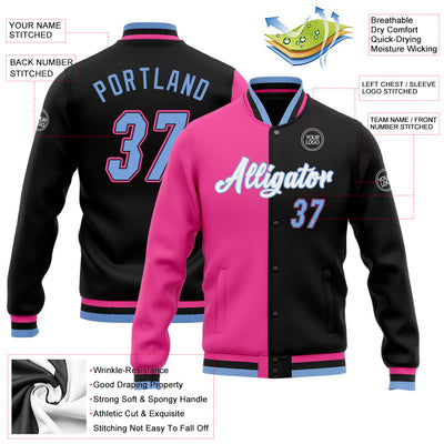 Custom Black Light Blue-Pink Bomber Full-Snap Varsity Letterman Split Fashion Jacket
