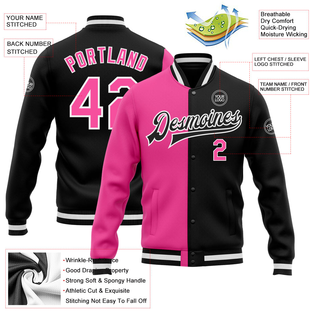 Custom Black Pink-White Bomber Full-Snap Varsity Letterman Split Fashion Jacket
