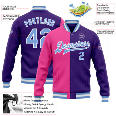 Custom Purple Light Blue-Pink Bomber Full-Snap Varsity Letterman Split Fashion Jacket