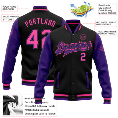 Custom Black Pink-Purple Bomber Full-Snap Varsity Letterman Two Tone Jacket
