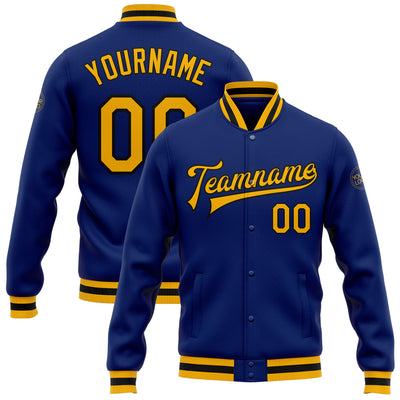 Custom Royal Gold-Black Bomber Full-Snap Varsity Letterman Jacket