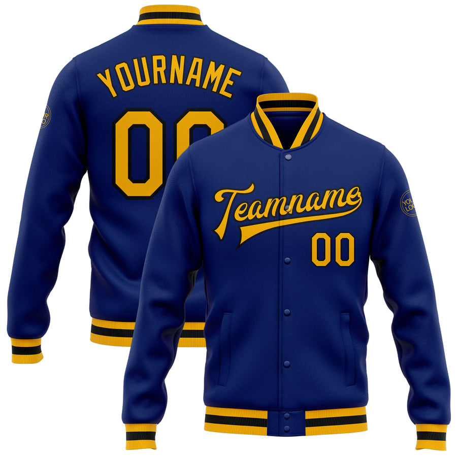 Custom Royal Gold-Black Bomber Full-Snap Varsity Letterman Jacket