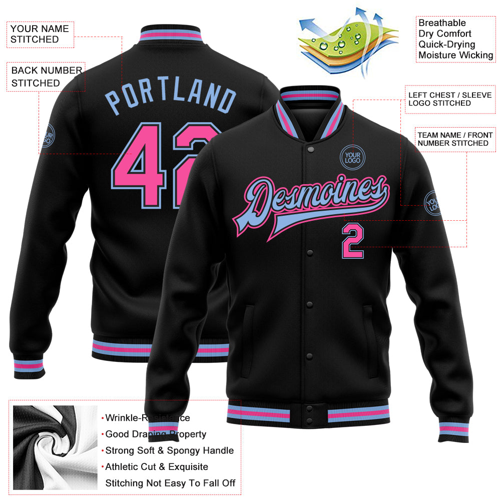 Custom Black Pink-Light Blue Bomber Full-Snap Varsity Letterman Jacket