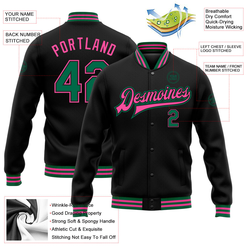 Custom Black Kelly Green-Pink Bomber Full-Snap Varsity Letterman Jacket