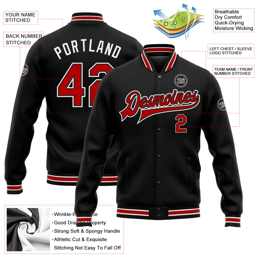 Custom Black Red-White Bomber Full-Snap Varsity Letterman Jacket