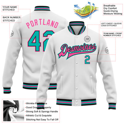Custom White Aqua Black-Pink Bomber Full-Snap Varsity Letterman Jacket