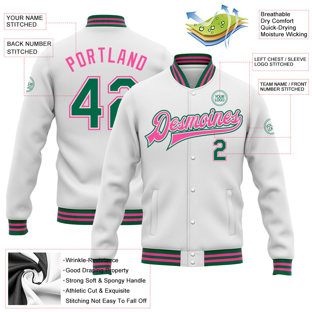 Custom White Kelly Green-Pink Bomber Full-Snap Varsity Letterman Jacket
