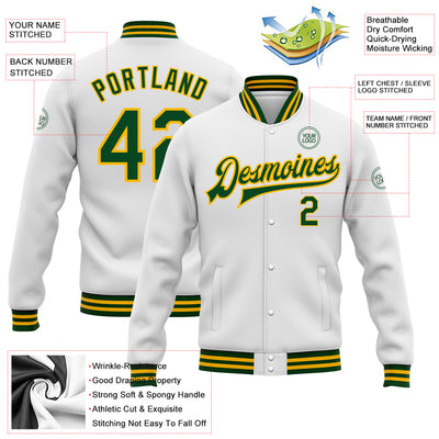 Custom White Green-Gold Bomber Full-Snap Varsity Letterman Jacket