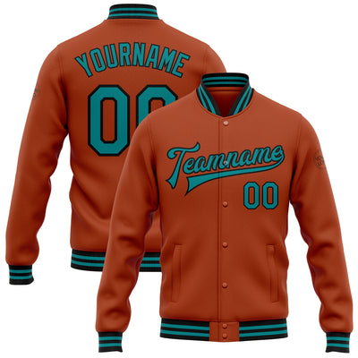 Custom Texas Orange Teal-Black Bomber Full-Snap Varsity Letterman Jacket