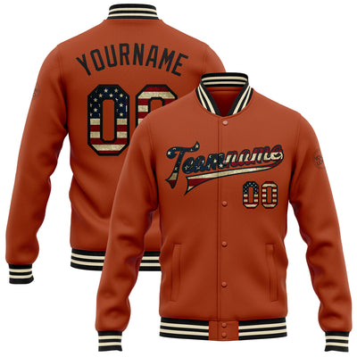 Custom Texas Orange Vintage USA Flag Black-Cream Bomber Full-Snap Varsity Letterman Jacket