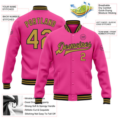 Custom Pink Old Gold-Black Bomber Full-Snap Varsity Letterman Jacket